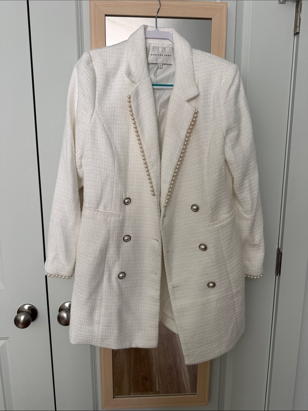 Endless Rose Cream Pearl-Trim Tweed Blazer Dress
